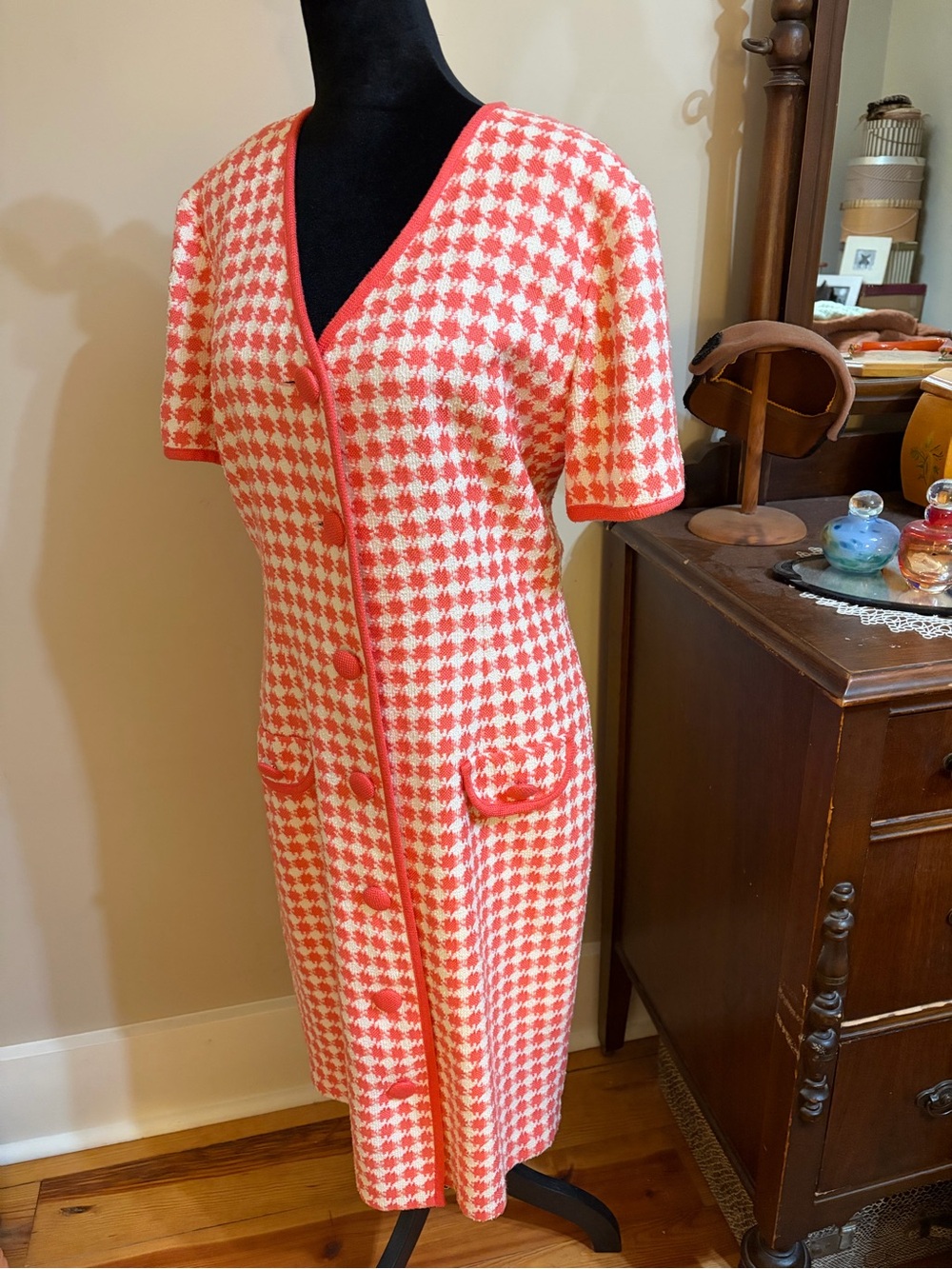 Talbots Coral and White Houndstooth Knit Button Front Dress